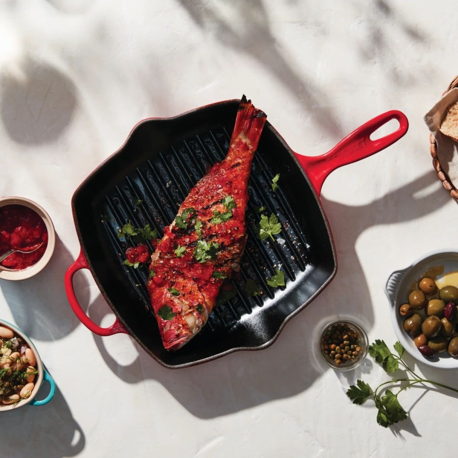 Skillets & Fry Pans * | Le Creuset 10.25 Square Signature Cast Iron Grill Skillet | Cerise/Cherry Red